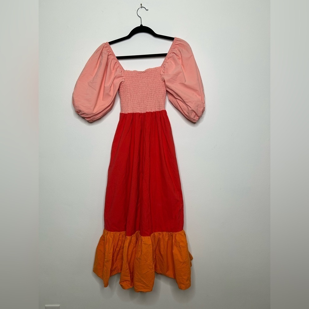 RHODE Eloise Colorblock Smocked Strawberry Multi Midi Dress - Picture 4 of 11